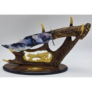 Decorative 12-1/2" Wolves Wolf Pack Fixed Blade Knife With Antler Display